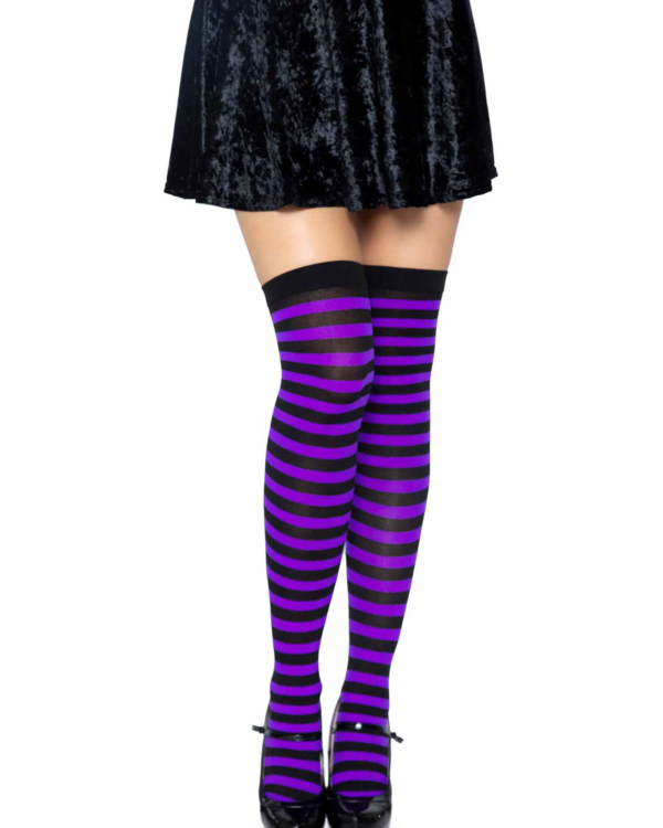 Medias altas negro y morado Leg Avenue con rayas horizontales, vista frontal - The Secret Avenue