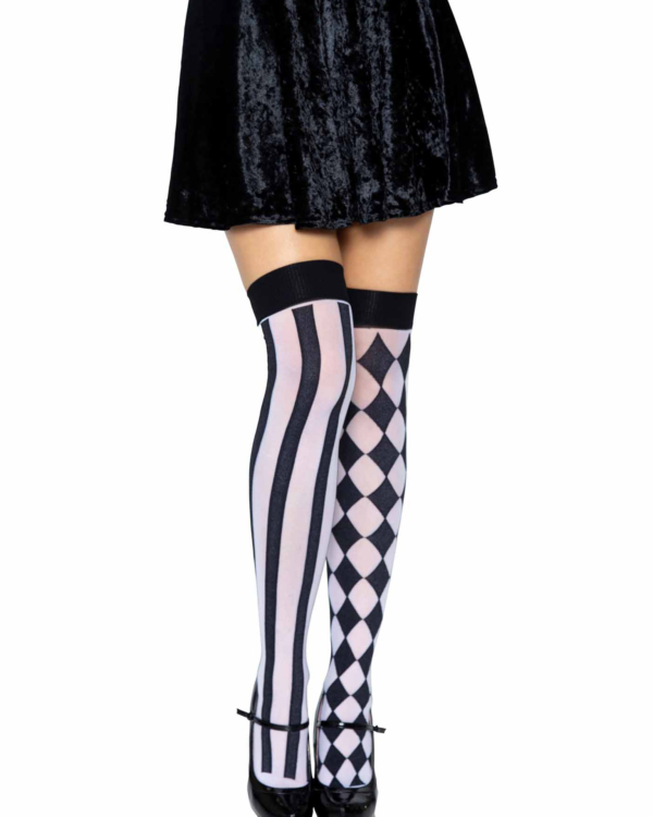 Medias hasta el muslo Harlequin blanco y negro Leg Avenue, vista frontal - The Secret Avenue