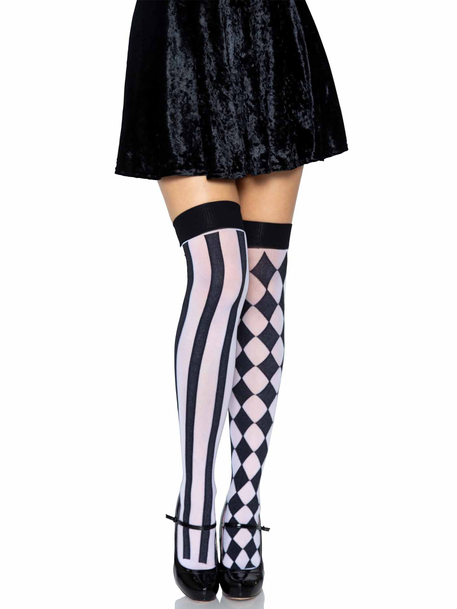 Medias hasta el muslo Harlequin blanco y negro Leg Avenue, vista frontal - The Secret Avenue