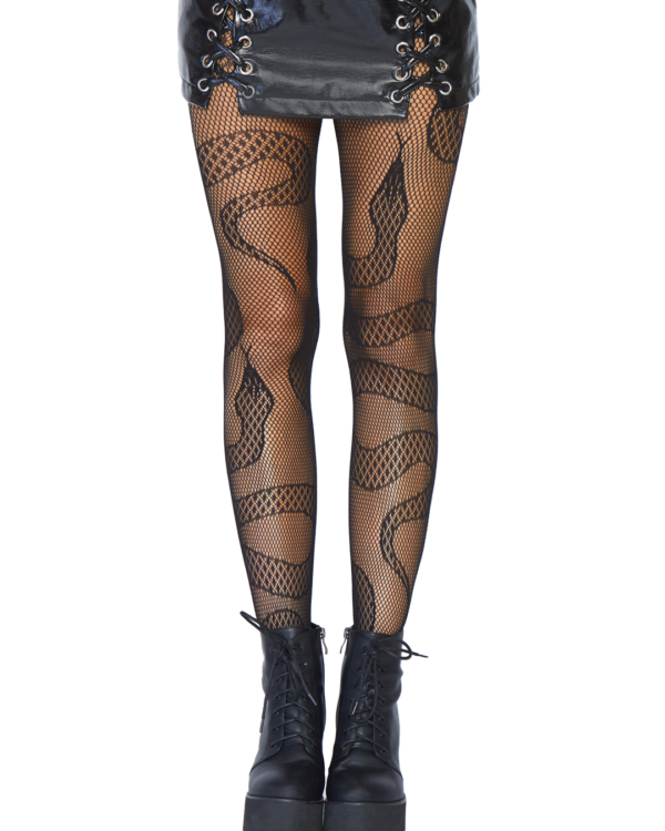 Pantimedias de red negras Leg Avenue con diseño de serpiente, vista frontal - The Secret Avenue