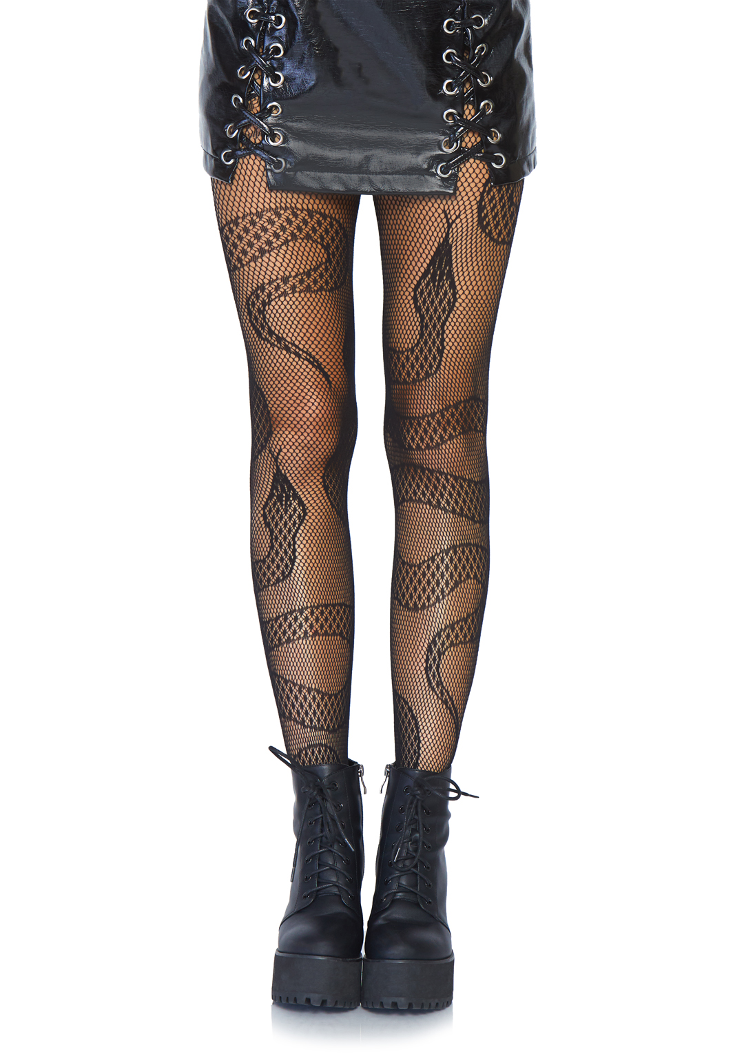 Pantimedias de red negras Leg Avenue con diseño de serpiente, vista frontal - The Secret Avenue
