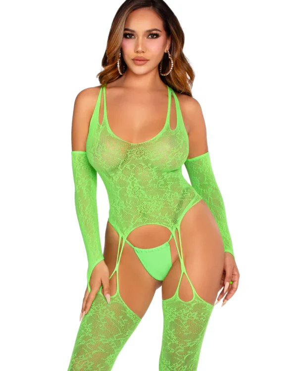 Bodystocking de encaje floral verde neón Leg Avenue con mangas y liguero, vista frontal - The Secret Avenue