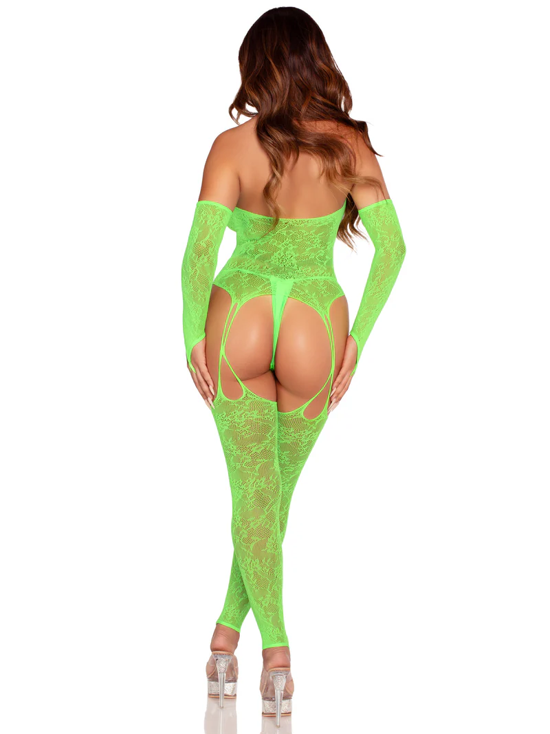 Bodystocking de Encaje Floral con Mangas y Liguero Leg Avenue — Verde Neón (Talla Única) - Image 2
