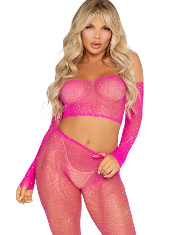 89354- legavenue- rosa neón- red- playa- the secret avenue → Coordinado crop top y legging con pedrería rosa neón Leg Avenue, vista frontal - The Secret Avenue
