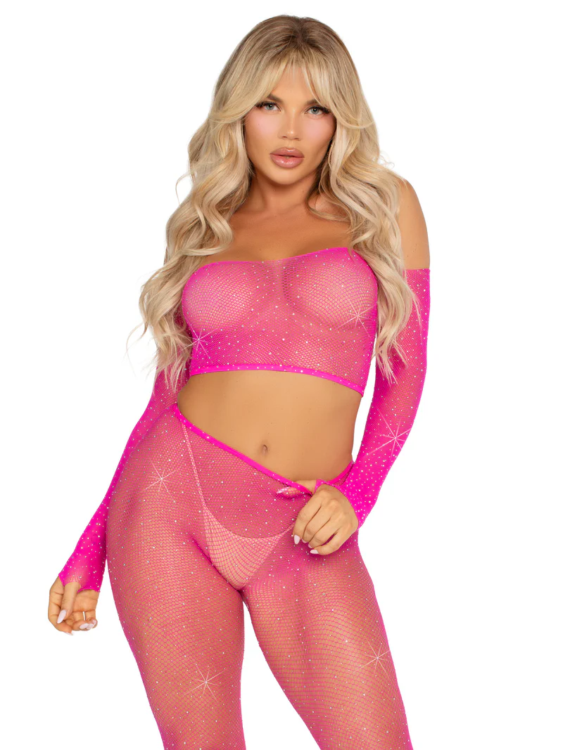89354- legavenue- rosa neón- red- playa- the secret avenue → Coordinado crop top y legging con pedrería rosa neón Leg Avenue, vista frontal - The Secret Avenue