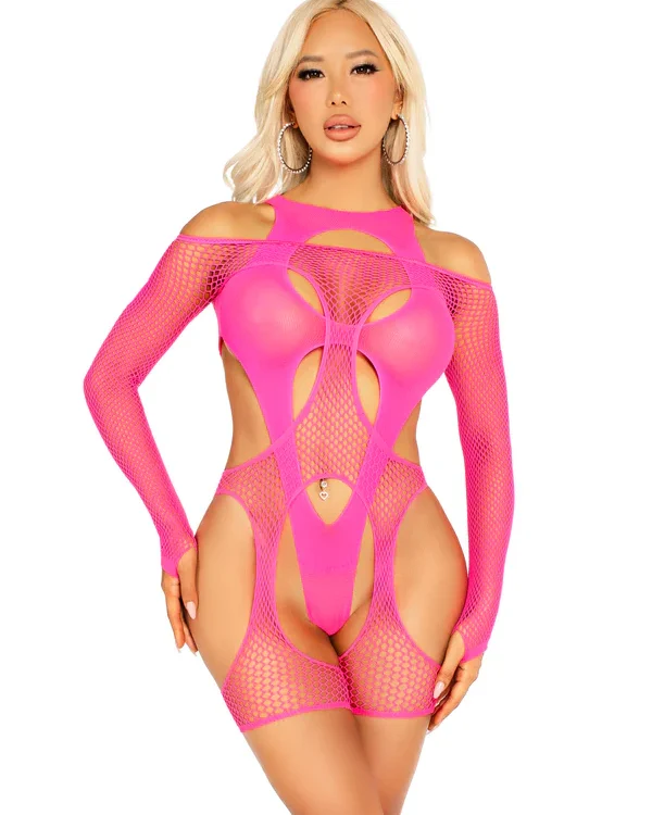 Teddy de red y lycra rosa Leg Avenue con aberturas, vista frontal - The Secret Avenue